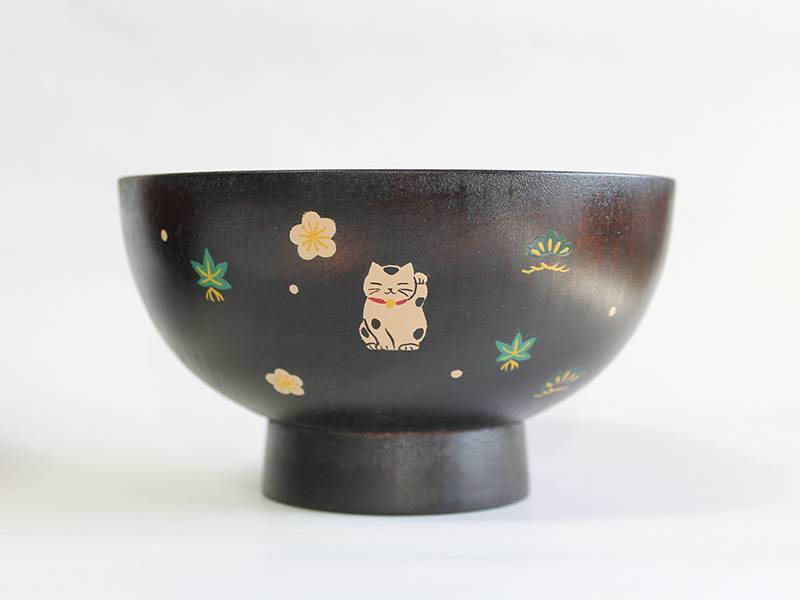 Japanese Wooden Lacquer bowl Cat Maneki-Neko